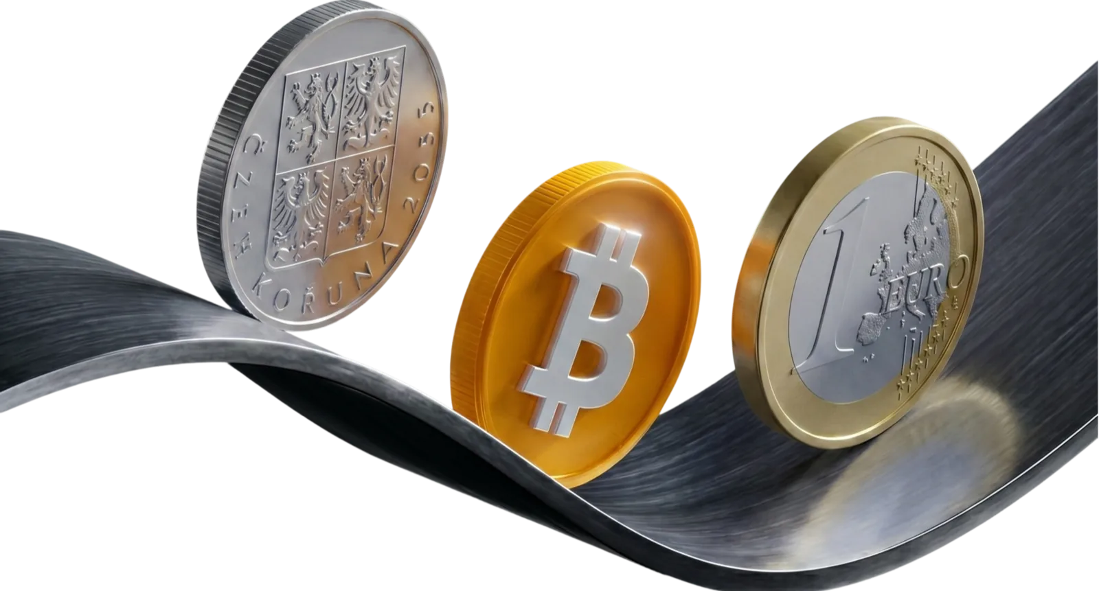 CZK and EUR coins on a metal wave